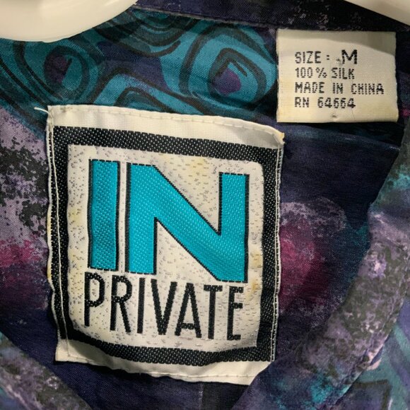 In Private Purple/Blue Geometric Print Collared Button Down Size M 100% SILK - Picture 4 of 4